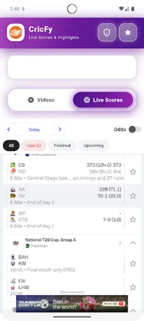 Cricfy Live Streaming Interface